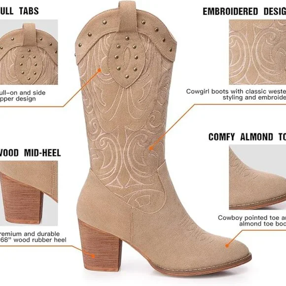 Wide Calf Western Pointed Toe Chunky Heel Boots